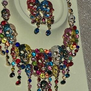 Colorful Skull rigsthones Statement Necklace and Earring Set
